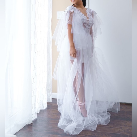 Sheer tulle lace white organza wedding bridal long morning robe boudoir dress - Picture 4 of 8